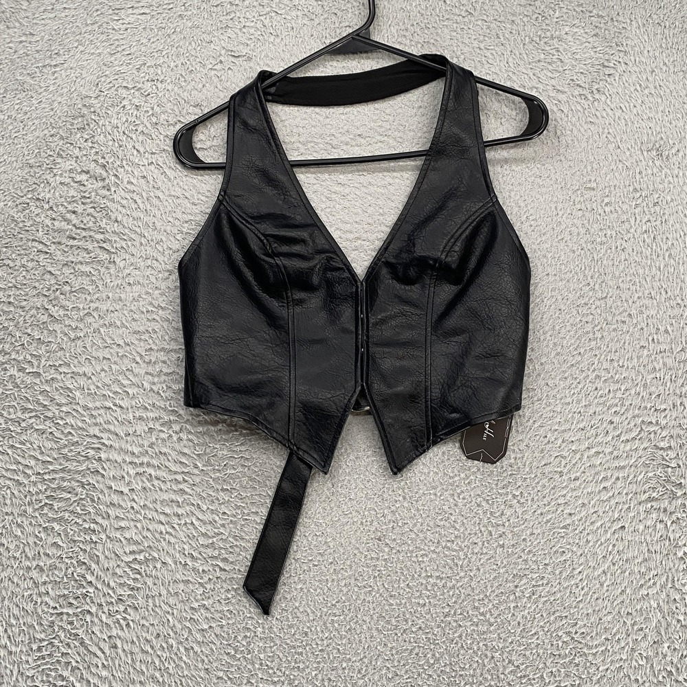 SolyHux Faux Leather Crop Tank Top Womens XS Black V Neck Corset‎ Vest Y2K